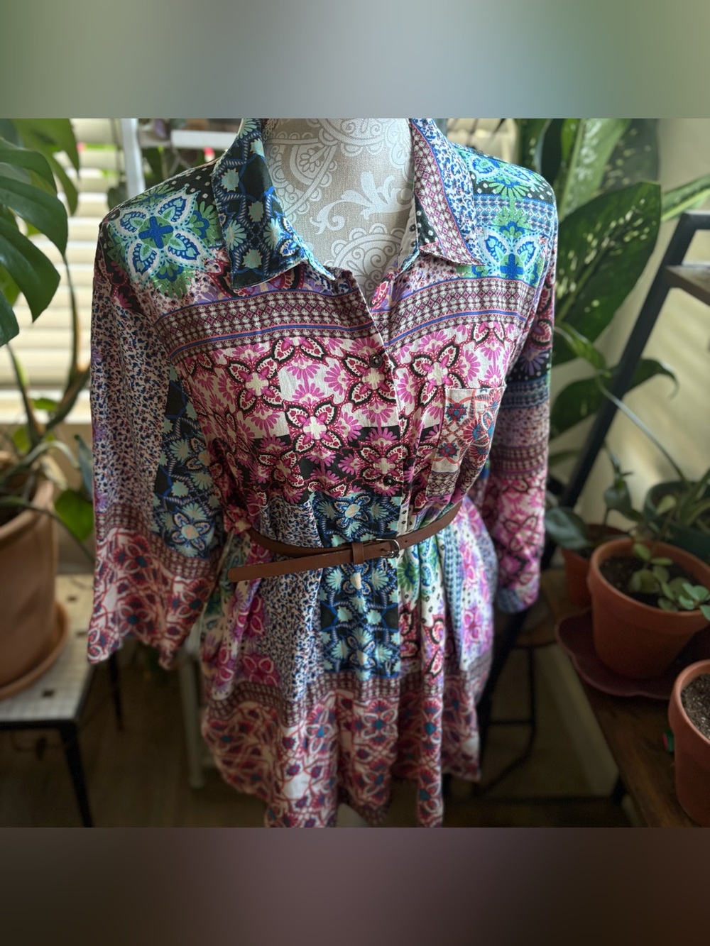 Floral Patchwork Shirt Dress in Pink and Blue